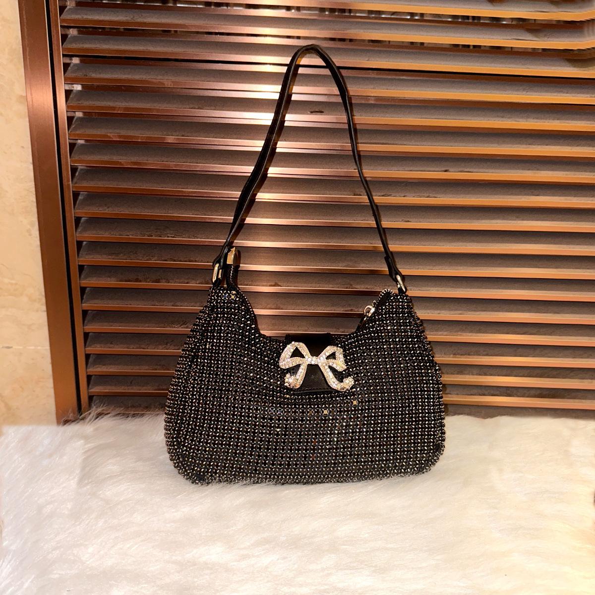 Роскошная дизайнерская женская сумка подмышку с бриллиантами, нишевая, блестящая, со стразами, сумка для ужина, милый бант, портативная чёрный