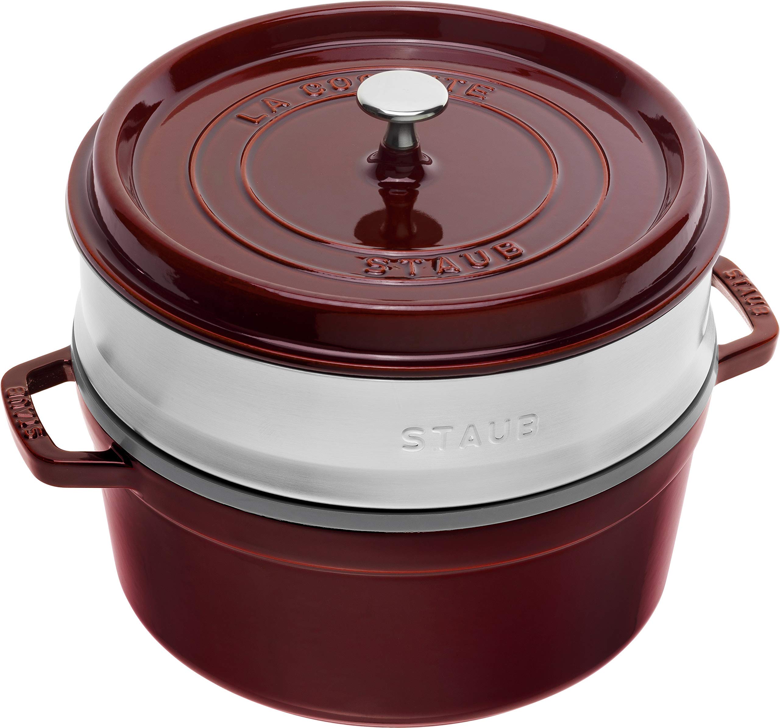 Staub 1133887 Cast Iron Roaster/Cocotte, With Steam Insert, Round 26 cm, 5.2 L, With Matte Black Enamel Inside the Pot, Grenadine
Staub 1133887 Cast Iron Roaster/Cocotte, With Steam Insert, Round 26 cm, 5.2 L, With Matte Black Enamel Inside the Pot, Grenadine