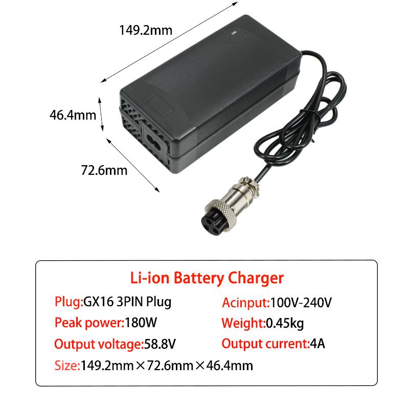 58.8V 4A Lithium Battery Charger for 14Series 51.8V 52V Li-ion Battery Pack with Built-in Cooling Fan Universal Voltage 100-240V SANS Plug
58.8V 4A Lithium Battery Charger for 14Series 51.8V 52V Li-ion Battery Pack with Built-in Cooling Fan Universal Voltage 100-240V SANS Plug