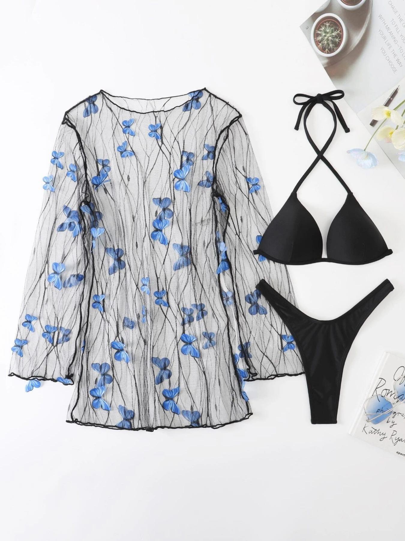 Европейский и американский купальник бикини из сетки с бабочками: Солнцезащитная накидка с длинными рукавами и сексуальный купальник-тройка Large чёрный
Европейский и американский купальник бикини из сетки с бабочками: Солнцезащитная накидка с длинными рукавами и сексуальный купальник-тройка Large чёрный