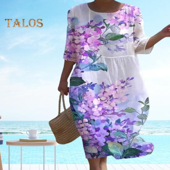 Летнее женское платье с цветочным принтом и круглым вырезом, свободные рукава с половиной рукава, тонкое трапециевидное повседневное повседневное платье, богемное пляжное платье миди в стиле отпуска 
Летнее женское платье с цветочным принтом и круглым вырезом, свободные рукава с половиной рукава, тонкое трапециевидное повседневное повседневное платье, богемное пляжное платье миди в стиле отпуска