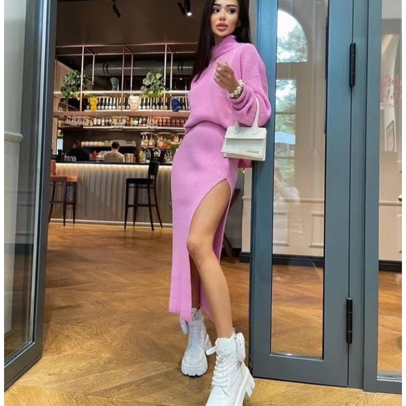 Fashion Fall and Winter High Collar Loose Tops Sexy Slit Skirt Knitted Sweater Suit Knitted Suit Pink L
Fashion Fall and Winter High Collar Loose Tops Sexy Slit Skirt Knitted Sweater Suit Knitted Suit Pink L