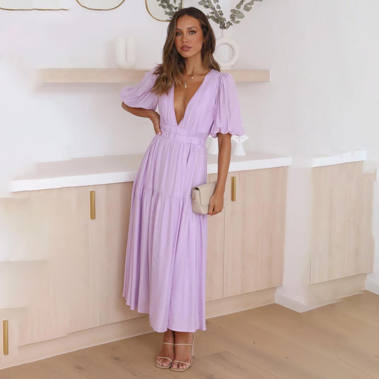 Женское весеннее однотонное платье с короткими рукавами-фонариками, летнее повседневное платье с V-образным вырезом и высокой талией длиной до щиколотки, размер S-XL XL фиолетовый
Женское весеннее однотонное платье с короткими рукавами-фонариками, летнее повседневное платье с V-образным вырезом и высокой талией длиной до щиколотки, размер S-XL XL фиолетовый