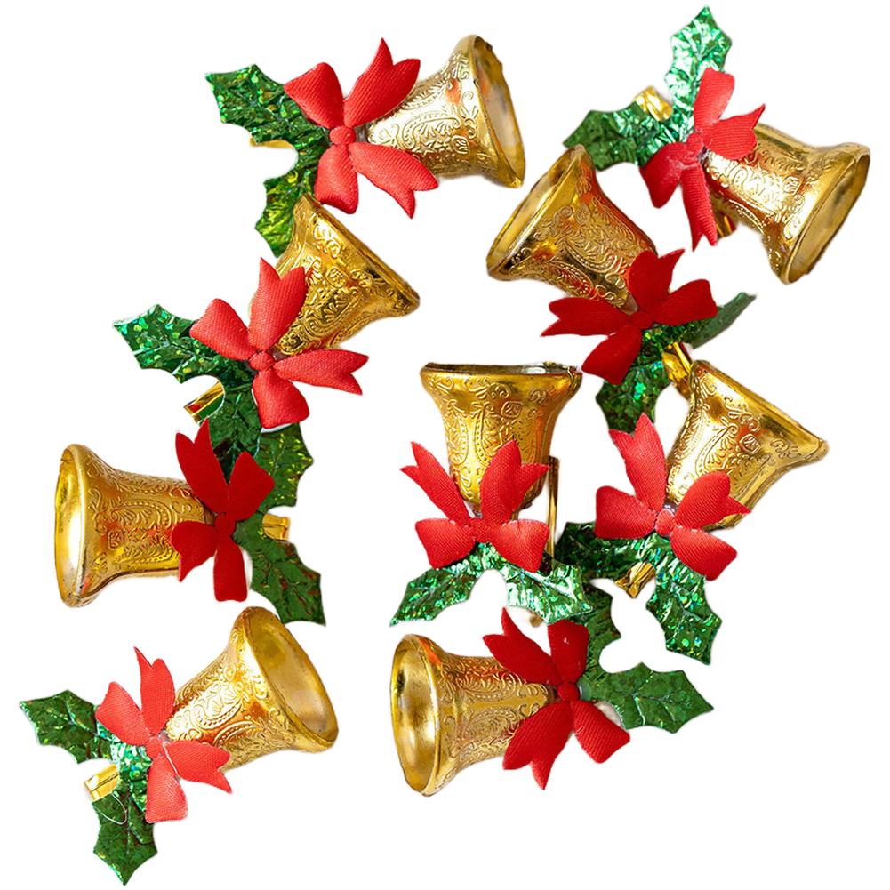 Metal and plastic pendant with golden iron bow bells for Christmas tree and wreath ornaments designed for festive holiday use
Metal and plastic pendant with golden iron bow bells for Christmas tree and wreath ornaments designed for festive holiday use