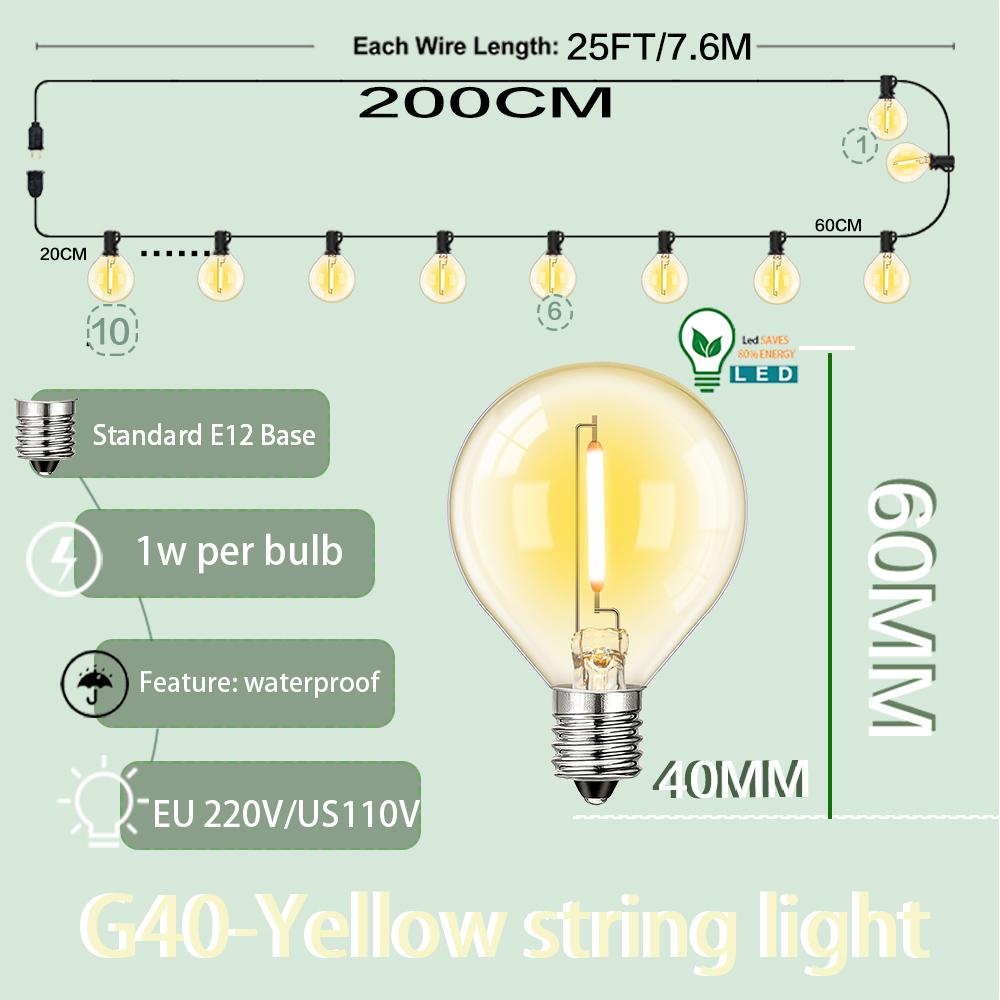Патио гирлянда красочная G40 RGB гирлянда гирлянда наружная EU US E12 ретро уличная гирлянда для украшения заднего двора сада EU 220V Plug