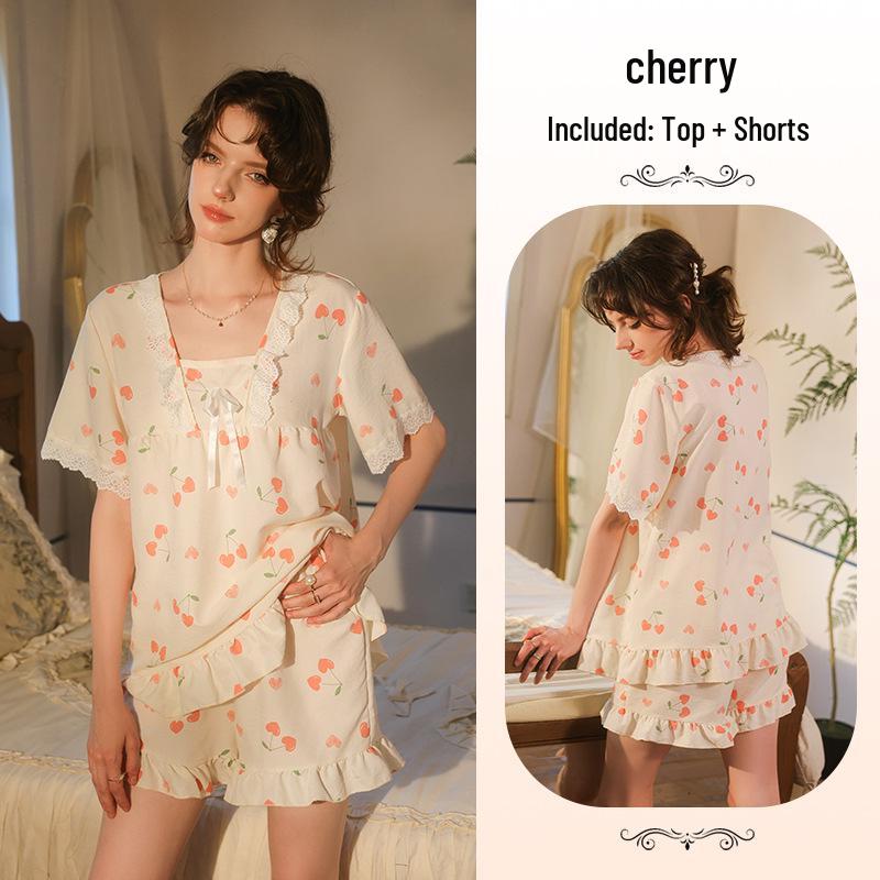 Cherry Print Lace-Trimmed Cloud Cotton Pajama Set with Ruffles L
Cherry Print Lace-Trimmed Cloud Cotton Pajama Set with Ruffles L