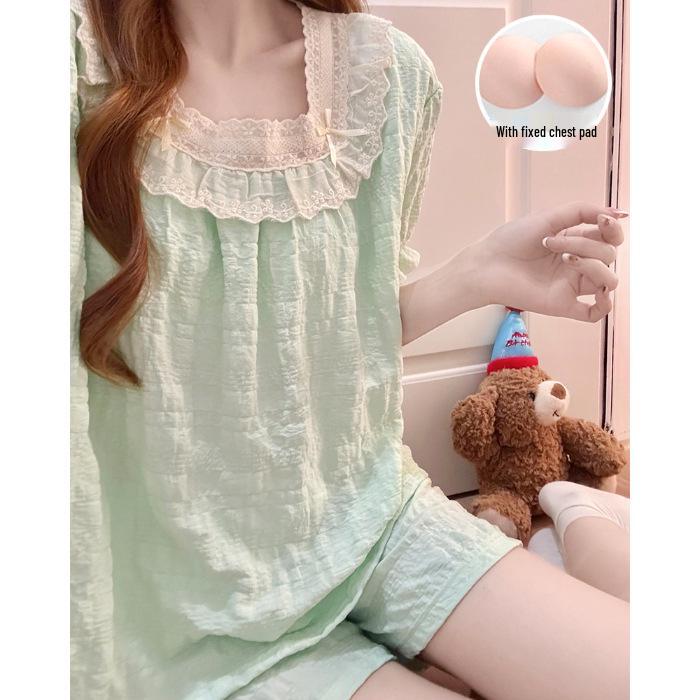 Summer 2026 Women s Woven Cloud Cotton Pajama Set with Built-in Bra, Short Sleeves, and Lace Trim M зелёный
Summer 2026 Women s Woven Cloud Cotton Pajama Set with Built-in Bra, Short Sleeves, and Lace Trim M зелёный