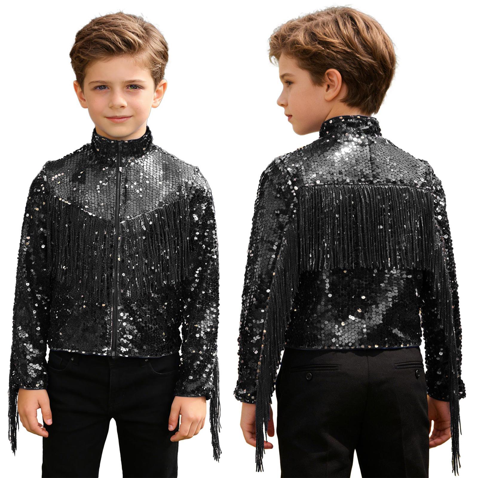 Boys Sequin Fringe Jacket Long Sleeve Mock Neck Front Zipper Glittery Tassel Coat for Stage Jazz Dance Cowboy Theme Party 11-12 Years чорний
Boys Sequin Fringe Jacket Long Sleeve Mock Neck Front Zipper Glittery Tassel Coat for Stage Jazz Dance Cowboy Theme Party 11-12 Years чорний