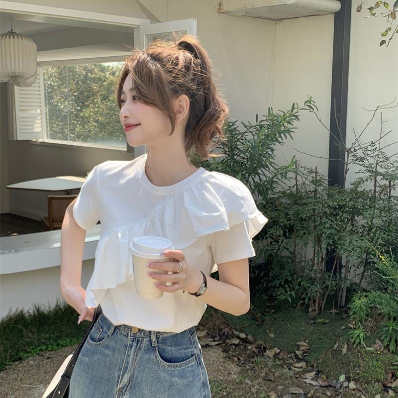 Ruffled short-sleeved T-shirt for women summer Korean style new white top for women S білий
Ruffled short-sleeved T-shirt for women summer Korean style new white top for women S білий