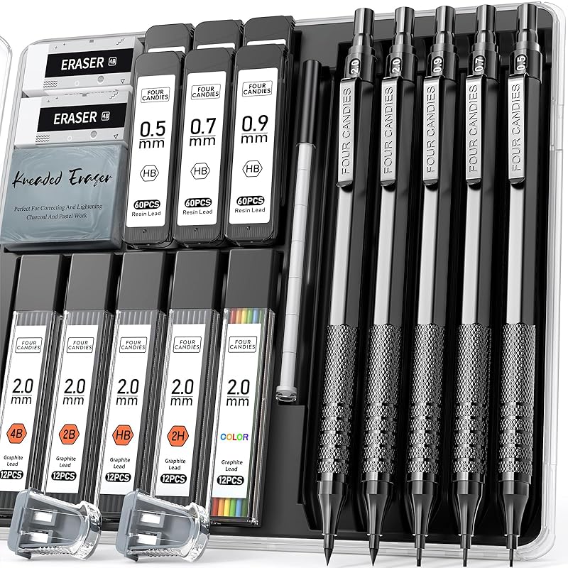 Four Candies metal mechanical pencil set 0.5mm, 0.7mm, 0.9mm 1 each & 2mm 2 pieces 420 pieces shear core (4B, 2B, HB, 2H, color) art Drafting sketch
Four Candies metal mechanical pencil set 0.5mm, 0.7mm, 0.9mm 1 each & 2mm 2 pieces 420 pieces shear core (4B, 2B, HB, 2H, color) art Drafting sketch
