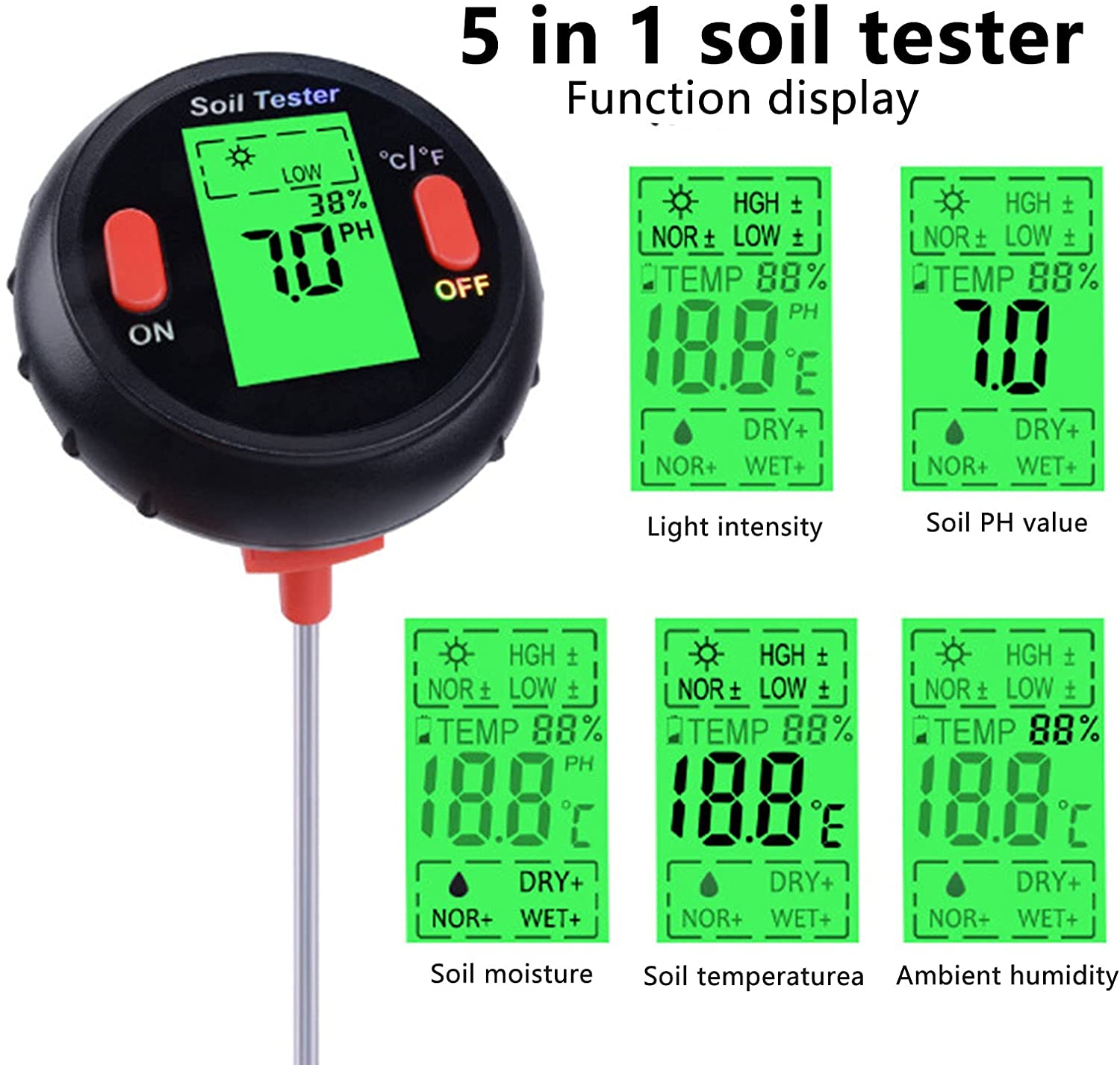 5 in 1 Soil Test Meter Digital Soil Moisture PH Temperature Light Tester LCD for Garden Lawn
5 in 1 Soil Test Meter Digital Soil Moisture PH Temperature Light Tester LCD for Garden Lawn