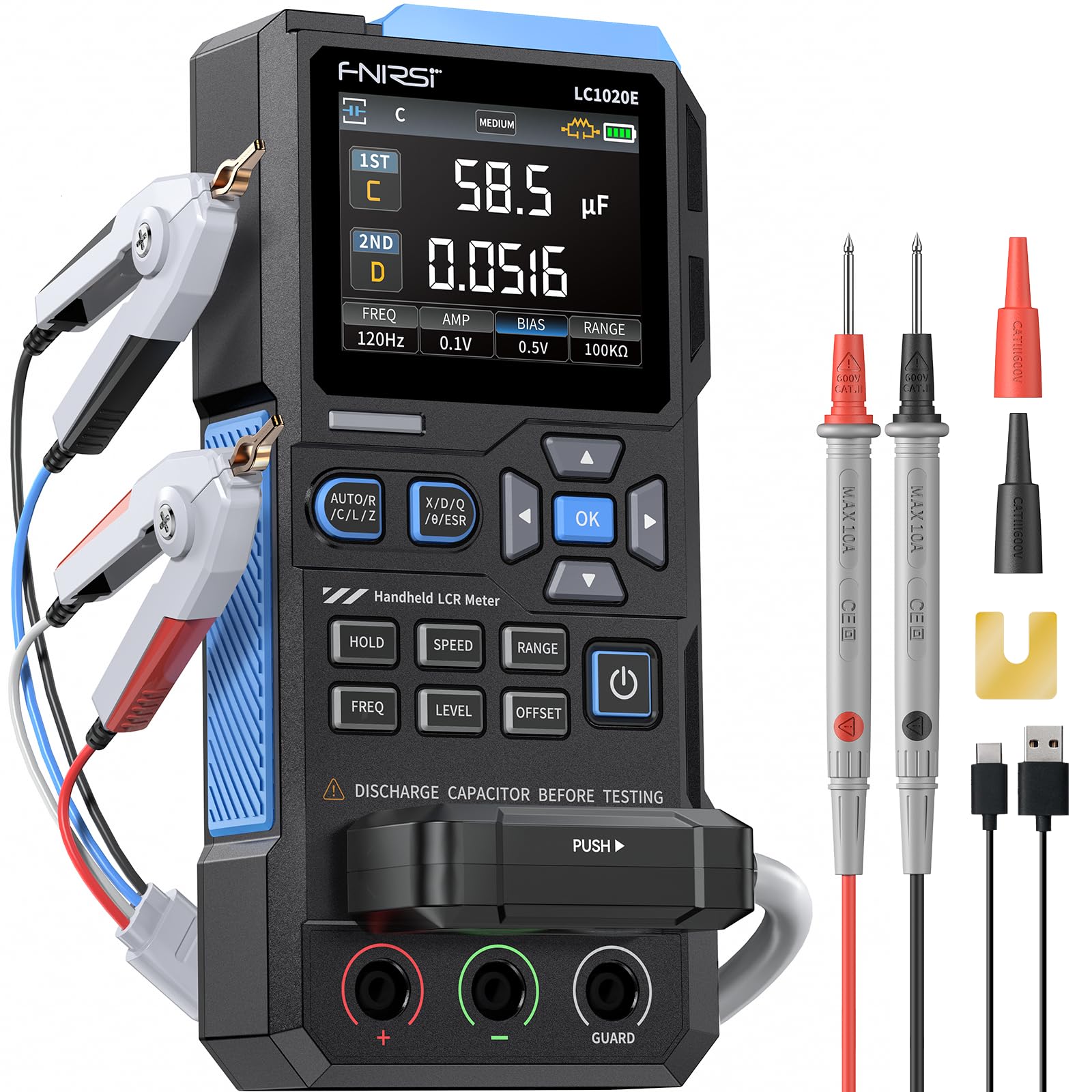 FNIRSI LC1020E LCR Meter: Supports up to 100kHz, 4-terminal measurement, 5-terminal structure, Resistance, Capacitor, and Inductor measurement, Handhe
FNIRSI LC1020E LCR Meter: Supports up to 100kHz, 4-terminal measurement, 5-terminal structure, Resistance, Capacitor, and Inductor measurement, Handhe