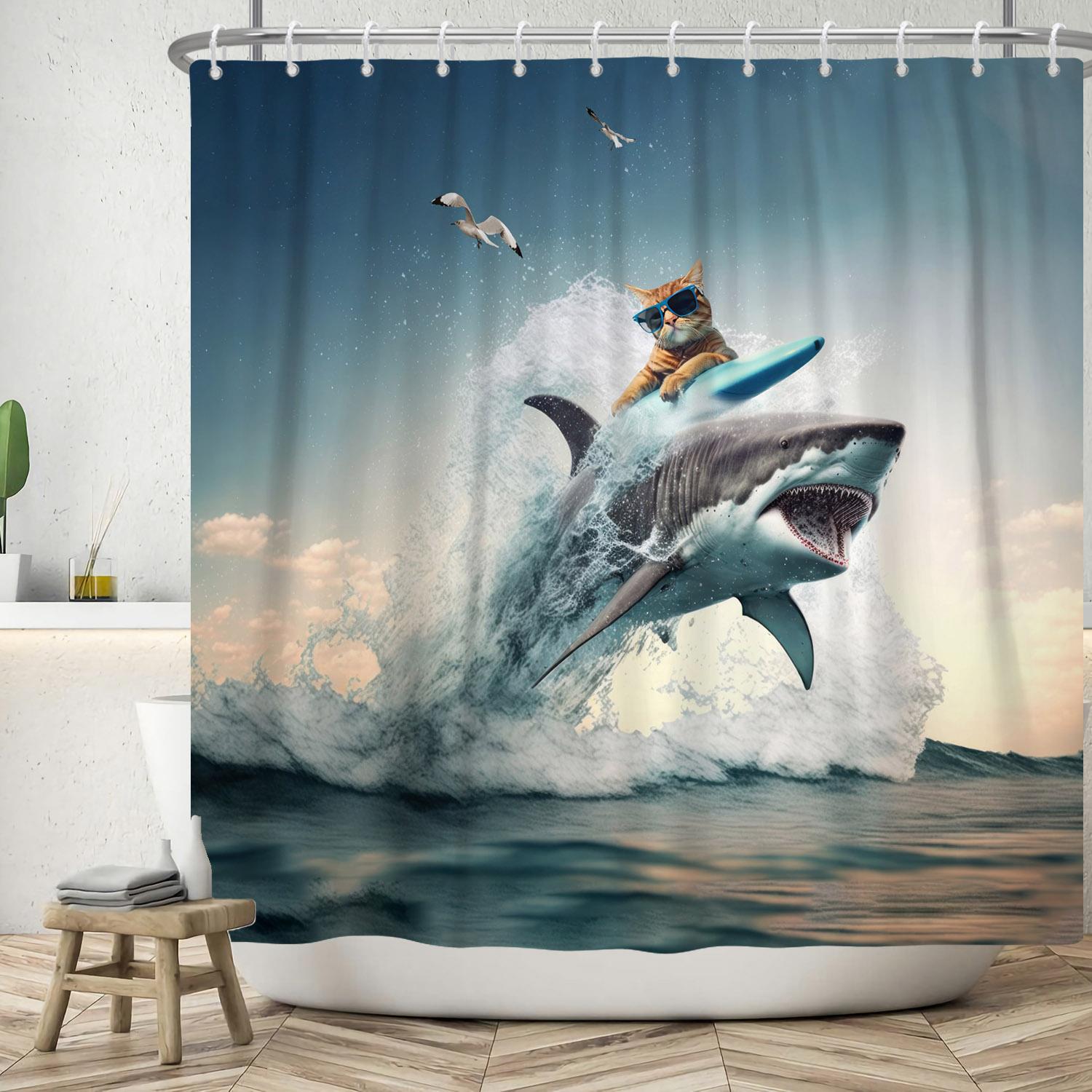 Funny Shower Curtains Cat Riding Shark Ocean Birds Sea Waves Cool Fun Bath Curtain Polyester Fabric Kids Bathroom Decor W90xH180cm
Funny Shower Curtains Cat Riding Shark Ocean Birds Sea Waves Cool Fun Bath Curtain Polyester Fabric Kids Bathroom Decor W90xH180cm