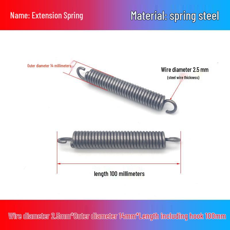 Жовта пружина натягу з гачками для дверцят духовки: Діаметр дроту 2,5 мм, Зовнішній діаметр 14-22 мм, Довжина 45-350 мм.
Жовта пружина натягу з гачками для дверцят духовки: Діаметр дроту 2,5 мм, Зовнішній діаметр 14-22 мм, Довжина 45-350 мм.