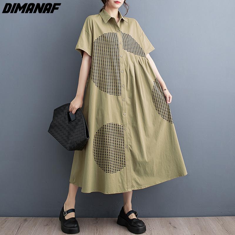 DIMANAF 2024 плюс размер летнее платье-рубашка женское хлопковое свободное платье винтажный стиль повседневные платья с принтом One Size чёрный