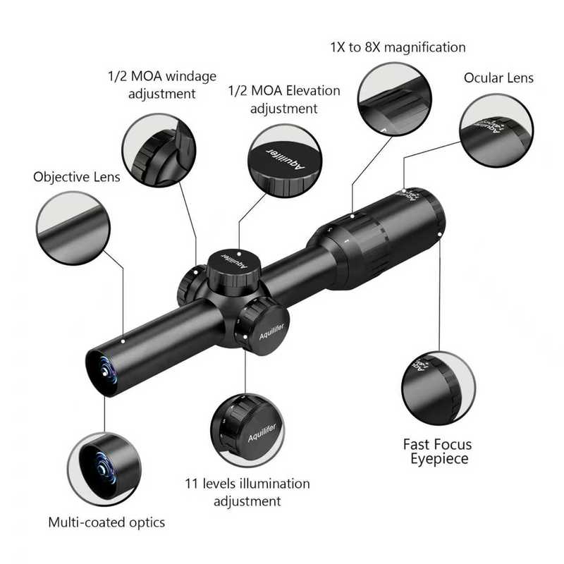 Aquilifer 1-8x24 LPVO Hunting Rifle Scope BDC Reticle 11 Level Red Illumination 120MOA Waterproof for AK AR Series Optics 20mm Picatinny Scope
Aquilifer 1-8x24 LPVO Hunting Rifle Scope BDC Reticle 11 Level Red Illumination 120MOA Waterproof for AK AR Series Optics 20mm Picatinny Scope