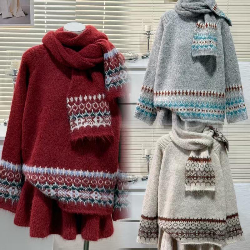 Women s Red Fair Isle Jacquard Sweater & Scarf Set, Autumn/Winter Retro Style, Round Neck Knitwear Large светло-серый
Women s Red Fair Isle Jacquard Sweater & Scarf Set, Autumn/Winter Retro Style, Round Neck Knitwear Large светло-серый
