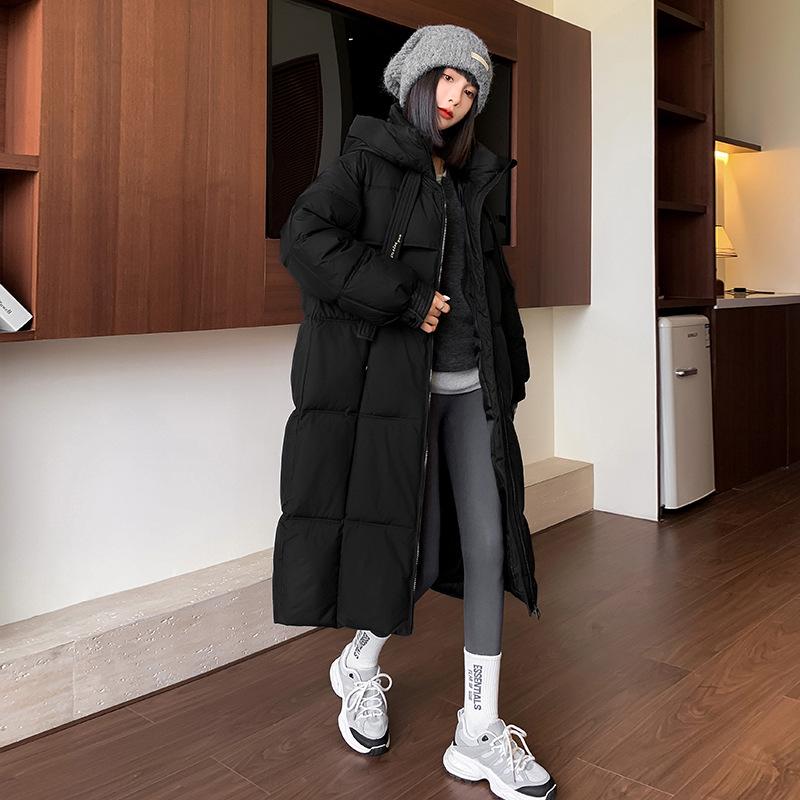 2024 Зимняя женская очень длинная хлопковая куртка с капюшоном L чёрный