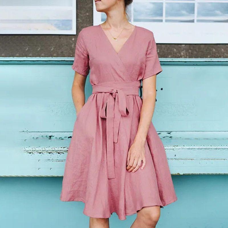 European and American Cross-Border Women s Fashion Long Dress V-Neck Solid Color Short-Sleeve Pocket Bow Belt Cotton-Linen Dress Pink S
European and American Cross-Border Women s Fashion Long Dress V-Neck Solid Color Short-Sleeve Pocket Bow Belt Cotton-Linen Dress Pink S