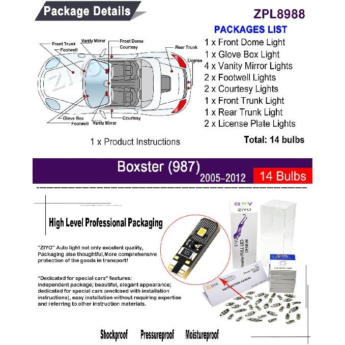 ZIYO LED Interior Light Kit for Porsche Boxster 987 2005-2012 Dome Light Bulbs Replacement Package, 6000K Xenon White LED Lights Upgrade Error Free
ZIYO LED Interior Light Kit for Porsche Boxster 987 2005-2012 Dome Light Bulbs Replacement Package, 6000K Xenon White LED Lights Upgrade Error Free