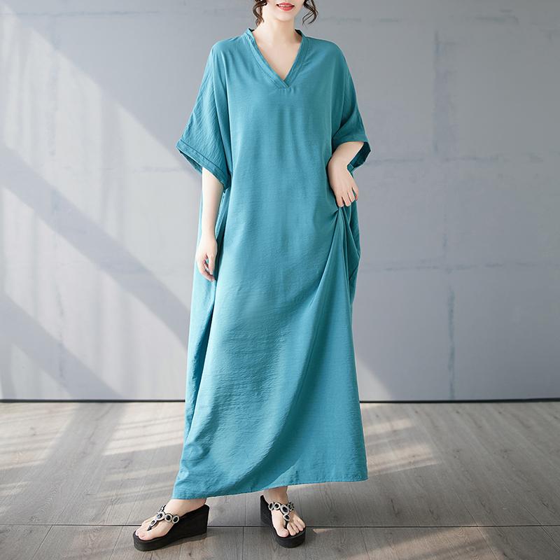 DIMANAF 2025 Лето Плюс Размер Винтажное Платье Базовое Женское Повседневное Свободное Длинное Новое Однотонное Платье Макси с V-образным Вырезом One Size синий