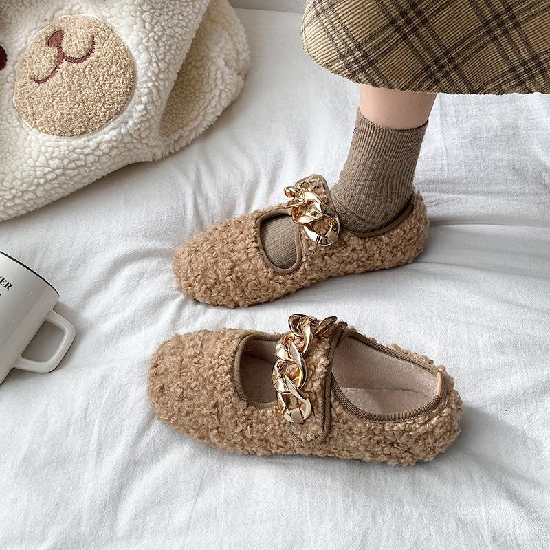 Зимние туфли на плоской подошве из плотного плюша, женские брендовые лоферы из овечьей шерсти с металлическими цепочками, женская теплая хлопковая обувь на меху 
Зимние туфли на плоской подошве из плотного плюша, женские брендовые лоферы из овечьей шерсти с металлическими цепочками, женская теплая хлопковая обувь на меху