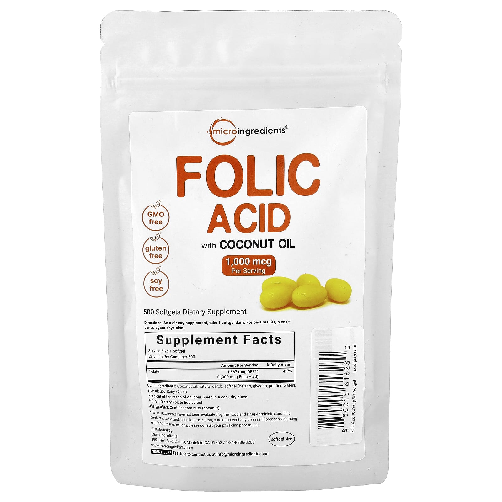 Micro Ingredients, Folic Acid, 1,000 mcg, 500 Softgels
Micro Ingredients, Folic Acid, 1,000 mcg, 500 Softgels