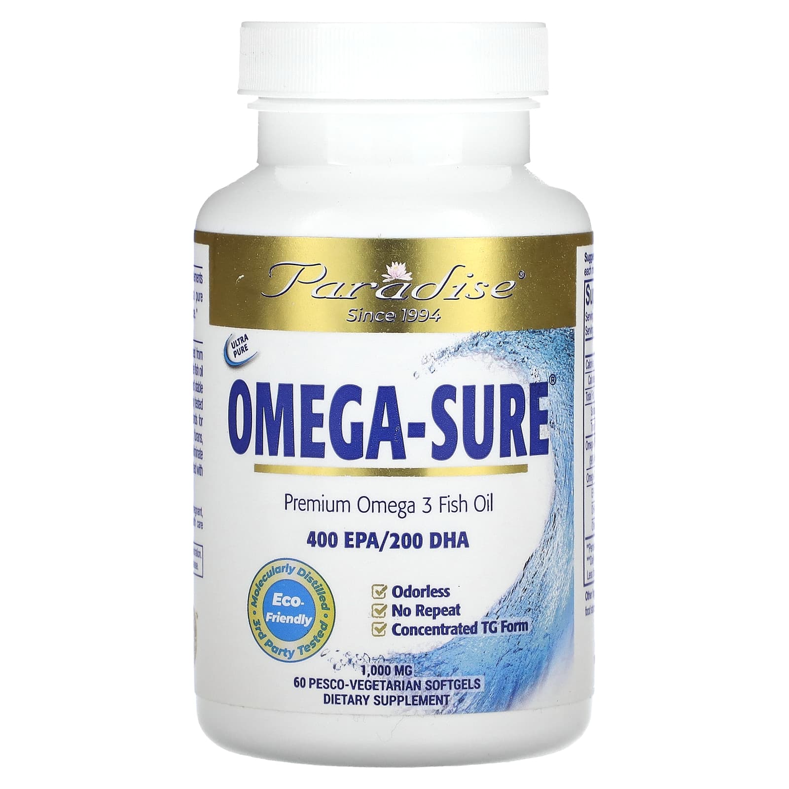 Paradise Herbs, Omega Sure, риб ячий жир преміум-класу з омега-3, 1000 мг, 60 м яких капсул Pesco Veggie
Paradise Herbs, Omega Sure, риб ячий жир преміум-класу з омега-3, 1000 мг, 60 м яких капсул Pesco Veggie