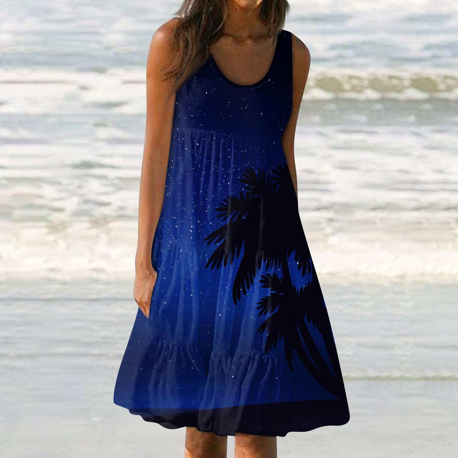 Женское платье, милая повседневная пляжная юбка с принтом, сарафан L темно-синий