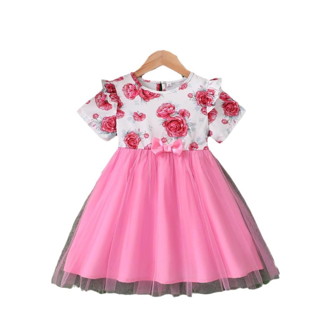 Детская мода Цветочное платье Лето для девочек с принтом рукава-крылышка Холтер квадратный воротник Платье принцессы 130cm розовый