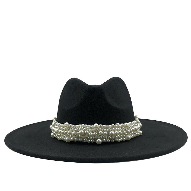 Популярная зимняя шерстяная однотонная классическая шляпа-федора в британском стиле для мужчин и женщин, панама, джазовая шляпа с жемчугом и широкими полями, большие белые шляпы-федоры 9,5 см. 56-58CM