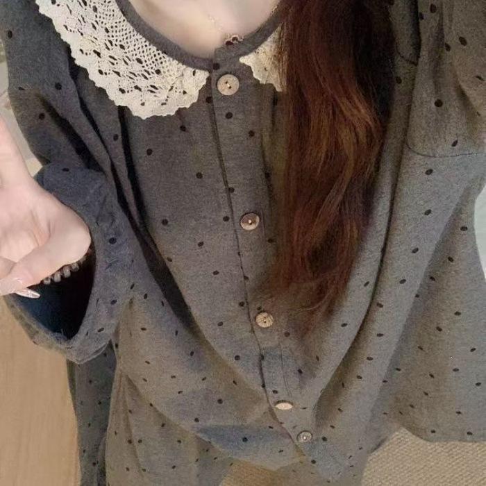 Gray polka dot pajamas women s lace imitation cotton cardigan long-sleeved trousers student large size cute loungewear set M
Gray polka dot pajamas women s lace imitation cotton cardigan long-sleeved trousers student large size cute loungewear set M
