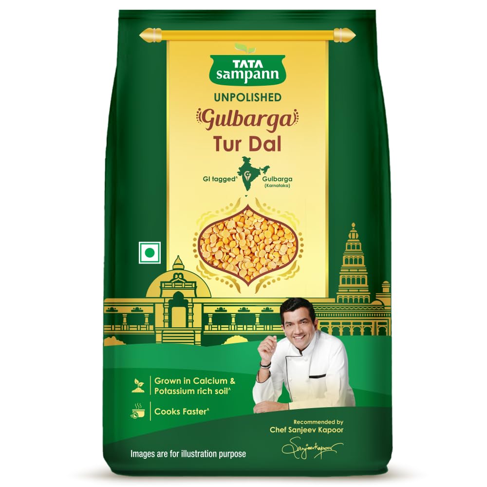 Tata Sampann Unpolished Gulbarga Tur Dal 1kg GI Tagged Premium Patka Dal From Karnataka With Rich Taste Aroma And Faster Cooking Quality
Tata Sampann Unpolished Gulbarga Tur Dal 1kg GI Tagged Premium Patka Dal From Karnataka With Rich Taste Aroma And Faster Cooking Quality