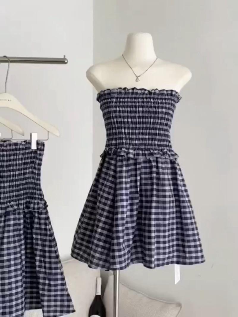 Женская синяя клетчатая миди-юбка и платье-майка без бретелей - Летний наряд во французском стиле Extra Large