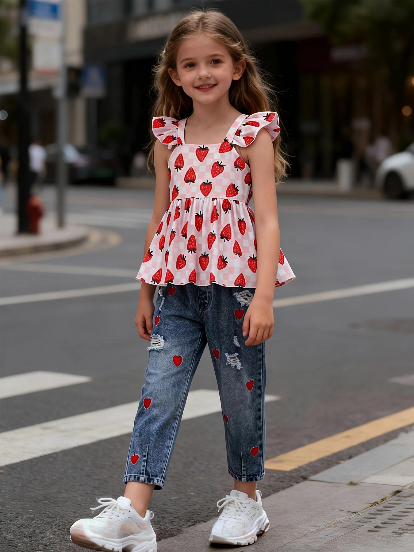Girls 2-Piece Outfit: Casual & Cute Summer Set featuring a Strawberry-Print Spaghetti-Strap Tank Top paired with Heart-Embroidered Denim Jeans 4Y разноцветный
Girls 2-Piece Outfit: Casual & Cute Summer Set featuring a Strawberry-Print Spaghetti-Strap Tank Top paired with Heart-Embroidered Denim Jeans 4Y разноцветный