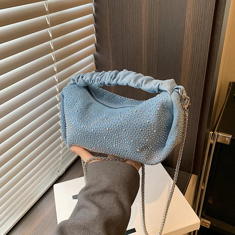 Feminine Diamond Denim Bag New Fashion Design Current Crossbody Single Shoulder Unique Blue Pleated Bag
Feminine Diamond Denim Bag New Fashion Design Current Crossbody Single Shoulder Unique Blue Pleated Bag