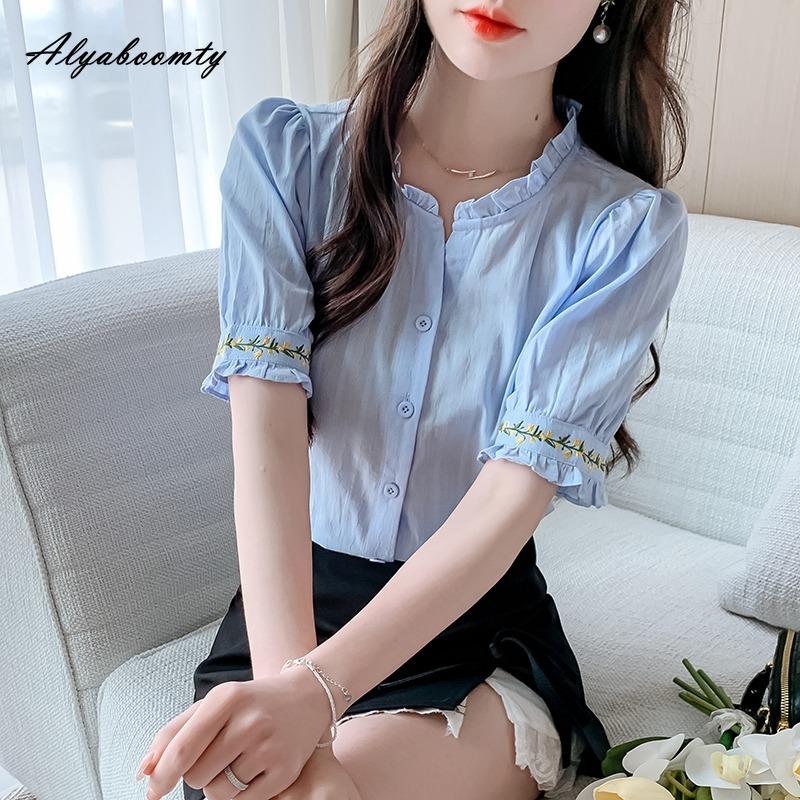 Korean Fashion Summer Women Cotton Blouse Ruffled Collar White Blue Floral Embroidery Shirt Elegant Feminine Ladies Basic Blouse S білий
Korean Fashion Summer Women Cotton Blouse Ruffled Collar White Blue Floral Embroidery Shirt Elegant Feminine Ladies Basic Blouse S білий