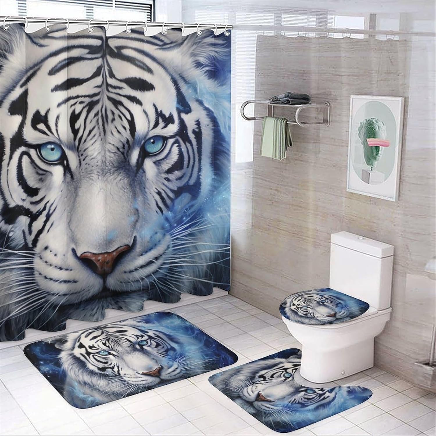Moon White Tiger Shower Curtain Sets With Rugs Toilet Lid Cover And Bath Mat Fantasy Wild Animals Forest Shower Curtains With 12 W60H190(CM)-1 Pcs
Moon White Tiger Shower Curtain Sets With Rugs Toilet Lid Cover And Bath Mat Fantasy Wild Animals Forest Shower Curtains With 12 W60H190(CM)-1 Pcs