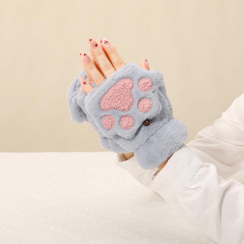 Милые женские перчатки без пальцев в корейском стиле с кошачьими лапками - Плюшевые, на флисовой подкладке, с откидным верхом, для зимнего тепла, с открытыми пятью пальцами One Size темно-серого