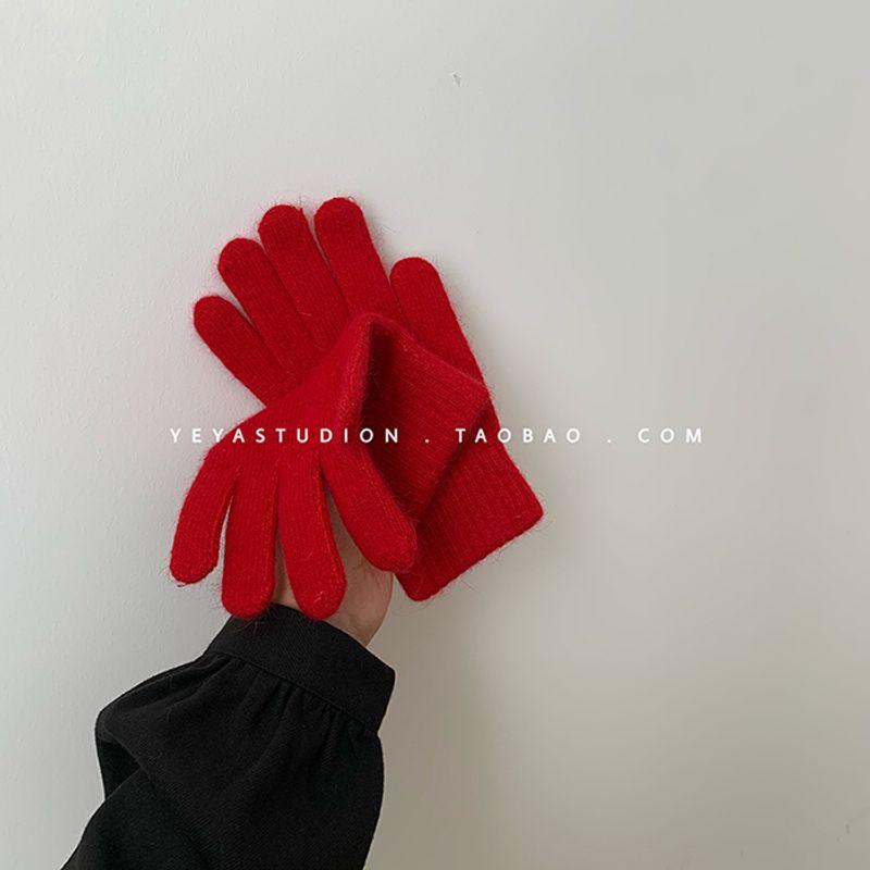 Однотонные вязаные зимние женские перчатки с сенсорным экраном, ветрозащитные, флисовые, сохраняющие тепло и защищающие от холода, вязаные шерстяные перчатки, женские перчатки с пальцами, зимние красные перчатки Red All yards