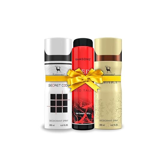 RAMSONS Deo Talc Combo | 1 Secret Code Deodorant Spray - 200ml | 1 Exotica Deodorant Spray - 200ml | 1 RED ZX Deo Talc - 100gm | Combo Pack Of 3
RAMSONS Deo Talc Combo | 1 Secret Code Deodorant Spray - 200ml | 1 Exotica Deodorant Spray - 200ml | 1 RED ZX Deo Talc - 100gm | Combo Pack Of 3