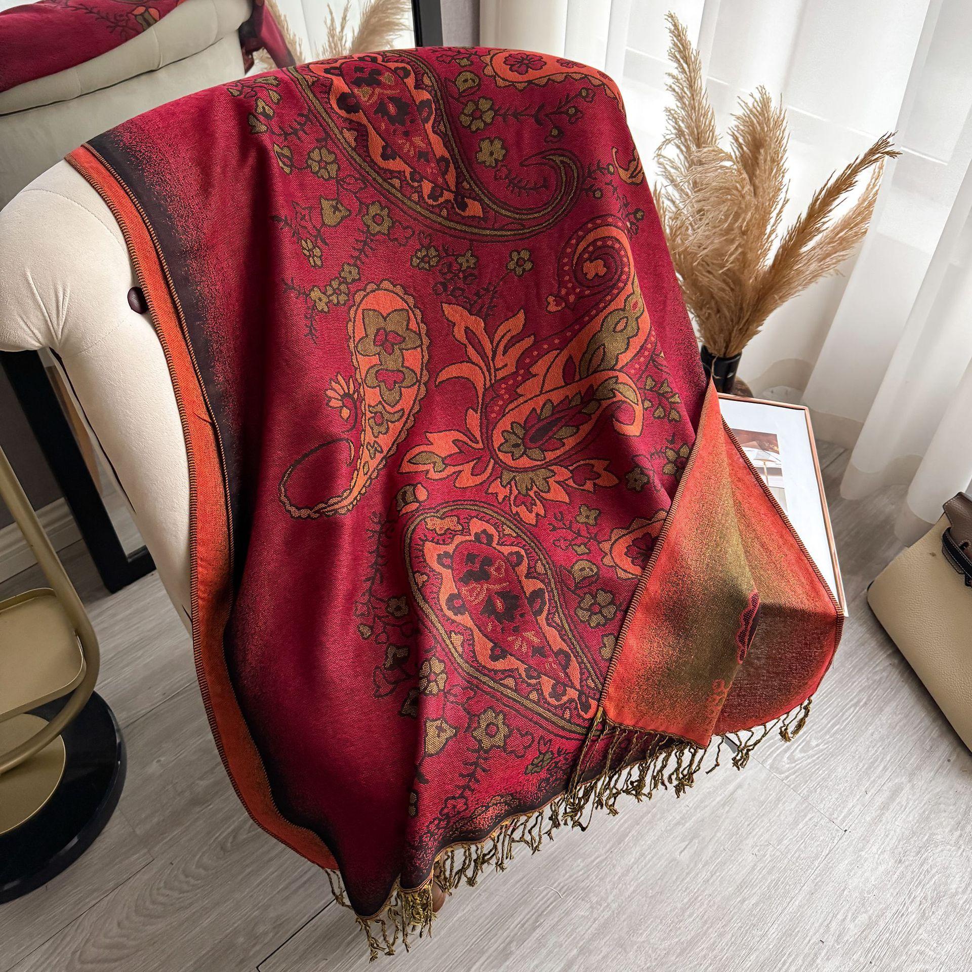 Этнический стиль Имитация кашемира Шарф, Тонкий Юньнань Путешествие с теплым шарфом, Ретро накидка, Бахрома плащ 195*70 красный