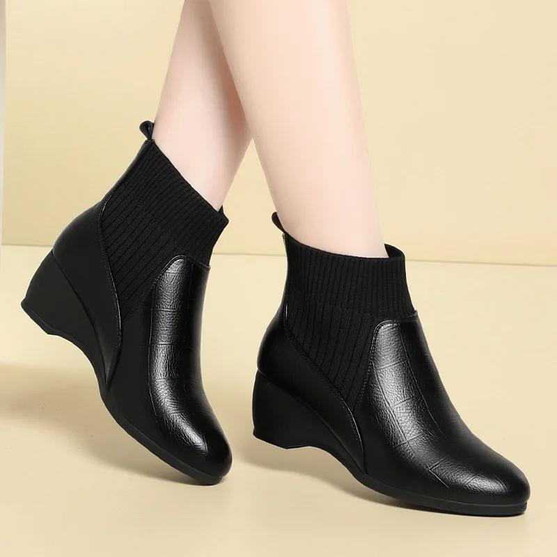 5 см Модные Удобные Туфли на Среднем Каблуке и Платформе Ботильоны Осень Зима 2025 Мягкая Кожа Гибкие Эластичные Носки-Ботинки Офис Мама 41