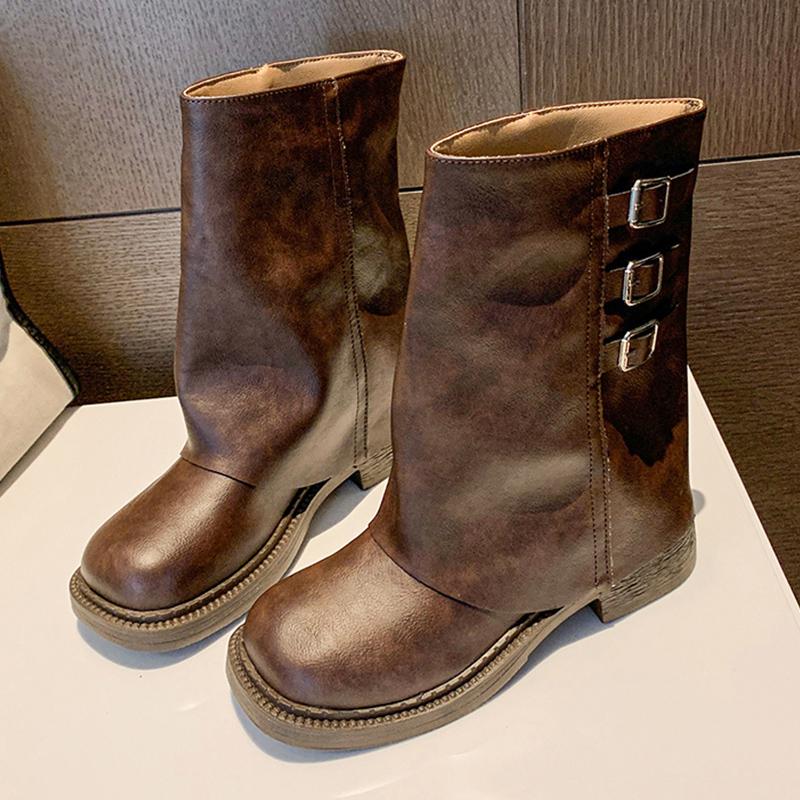Зимние женские ботильоны на толстой подошве из кожи, модные туфли на среднем каблуке 2025 года, дизайнерские туфли-лодочки-гладиаторы для мотоциклистов, женские ботинки 35 коричневый