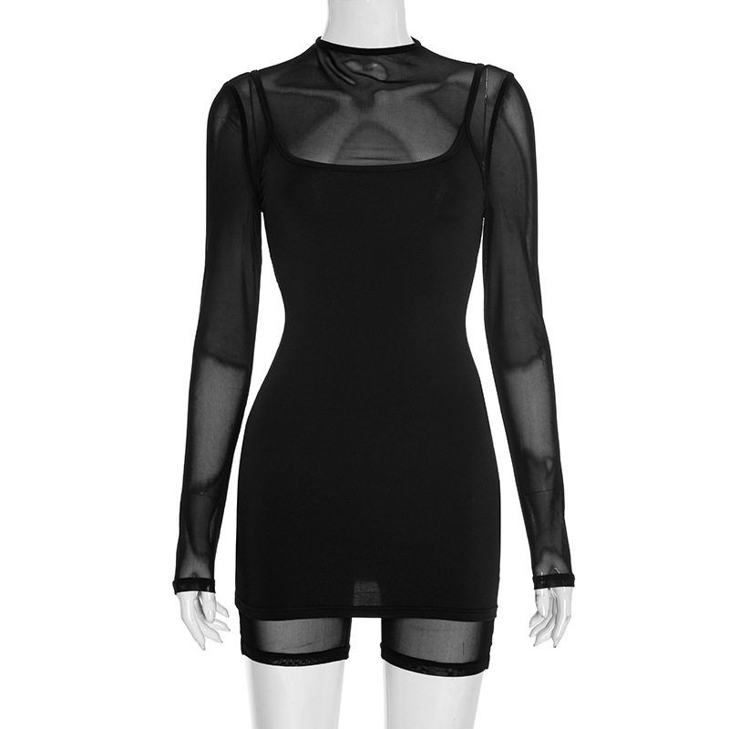 C25St267 European and American Women s Clothing Autumn New Solid Color Mesh Patchwork Long-Sleeve Jumpsuit and Strap Dress Set Black (Ready to Ship) S
C25St267 European and American Women s Clothing Autumn New Solid Color Mesh Patchwork Long-Sleeve Jumpsuit and Strap Dress Set Black (Ready to Ship) S