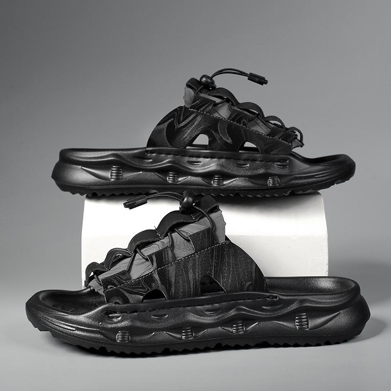 Модная летняя мужская спортивная обувь, спортивная обувь на воздушной подушке, пляжные сандалии на толстой подошве, уличные нескользящие шлепанцы на плоской подошве 39 чёрный