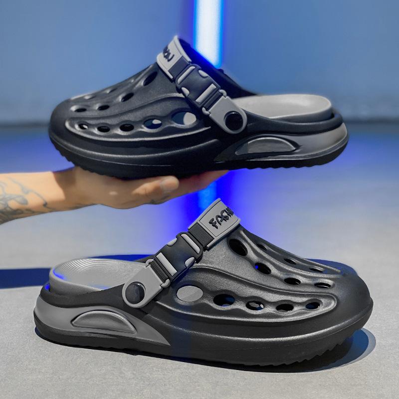 Мужские туфли с дырками 2025 новая летняя повседневная дышащая легкая уличная обувь для ходьбы по воде, для вождения, двойного ношения, мужские шлепанцы с закрытым носком 45 черный серый