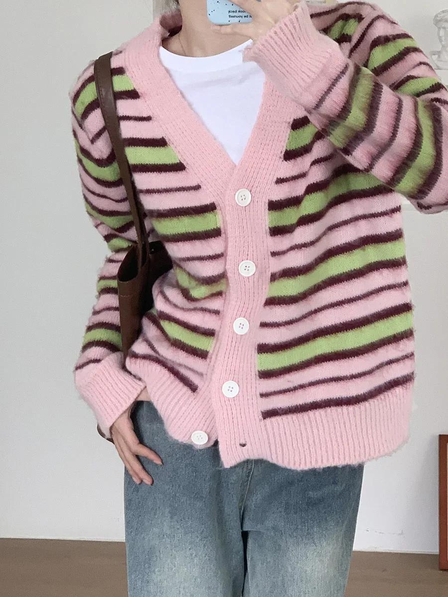 Женский милый однобортный полосатый кардиган, пальто, повседневный утолщенный теплый свитер с V-образным вырезом, осенне-зимняя термовязаная куртка One Size розовый
Женский милый однобортный полосатый кардиган, пальто, повседневный утолщенный теплый свитер с V-образным вырезом, осенне-зимняя термовязаная куртка One Size розовый