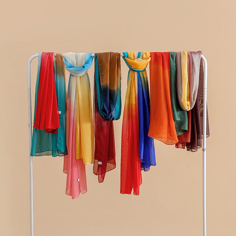 Larger Scarf for Women Spring New Multi-color Gradient Color Block Georgette Soft Hand Scarf Printed Thin Silk Scarf 175cm or more
Larger Scarf for Women Spring New Multi-color Gradient Color Block Georgette Soft Hand Scarf Printed Thin Silk Scarf 175cm or more