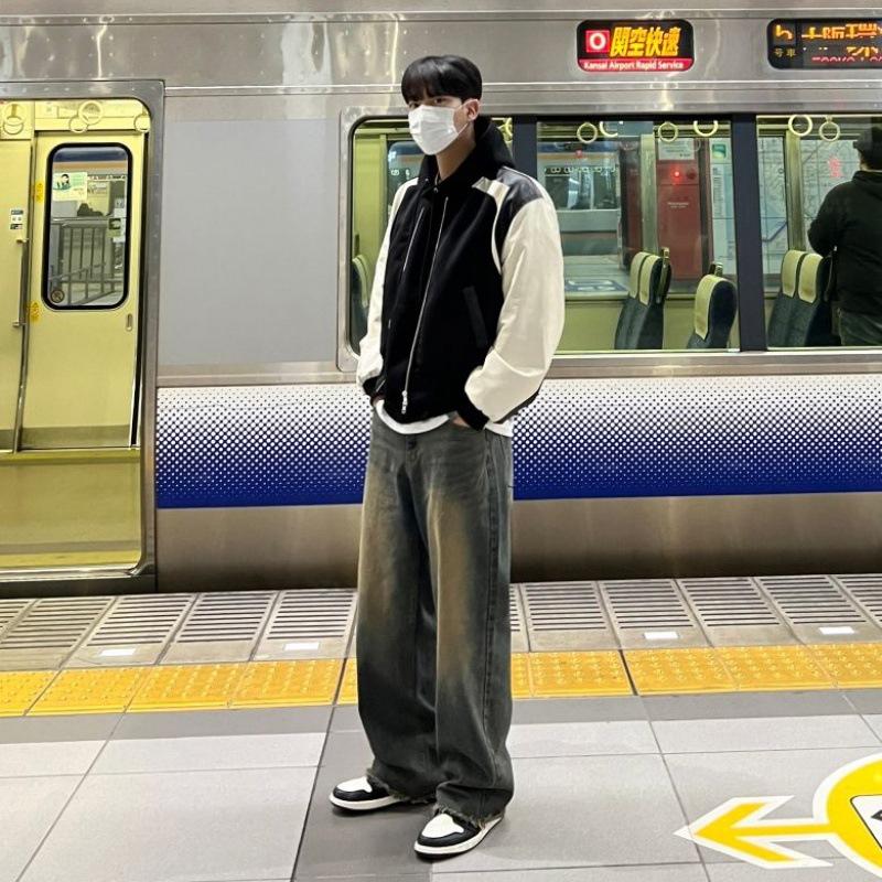 Кожаная куртка мужская новая весенняя свободная куртка корейского стиля модная контрастная цветная кожаная куртка 2XL чёрный